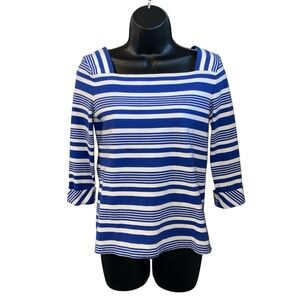 Talbots Women's Blue & White Stripe Boat Neck Knit Top 3/4 Sleeves Size  P
